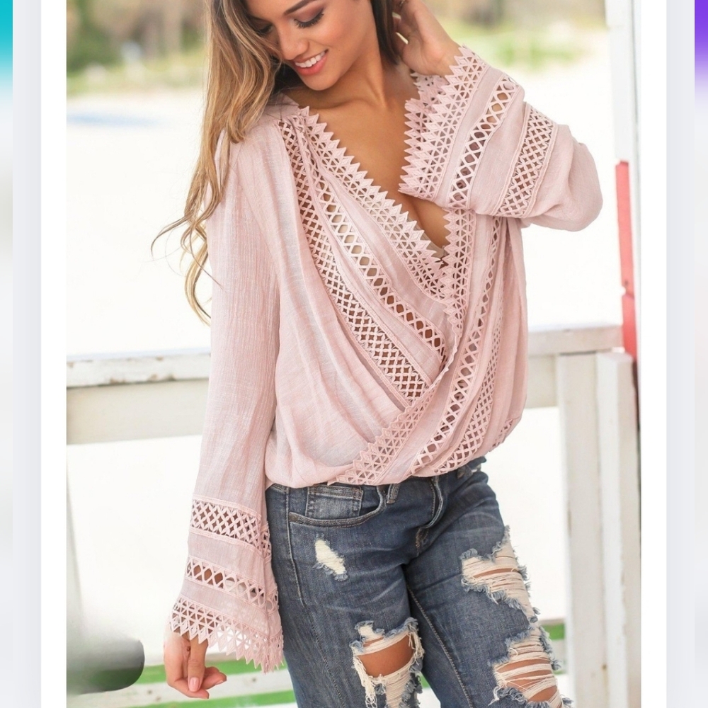 Saved By The Dress L Dusty Mauve Crochet Wrap Top Lace Trim Bohemian CF-1891